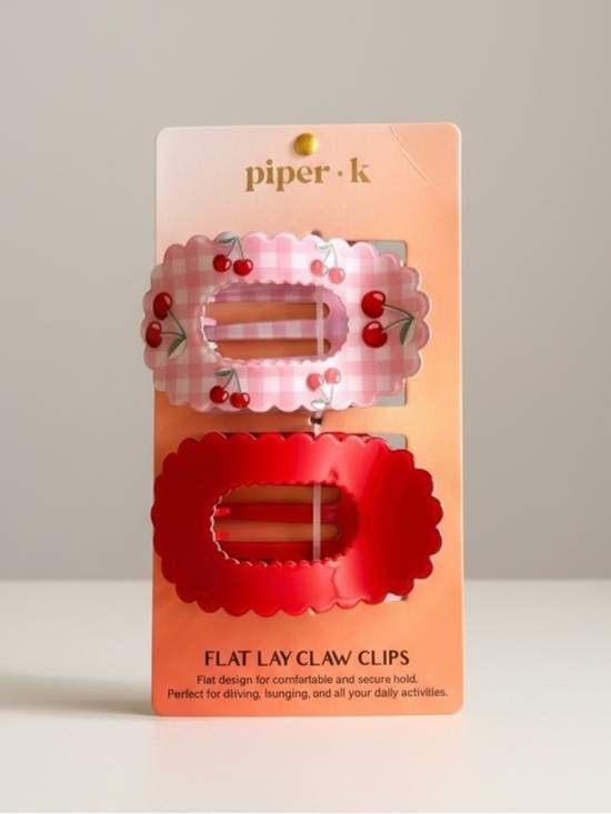 Piper K Accessories - Piper K TikTok Viral Large Flat Lay Solid Red and Gingham Cherry Claw Hair Clips
